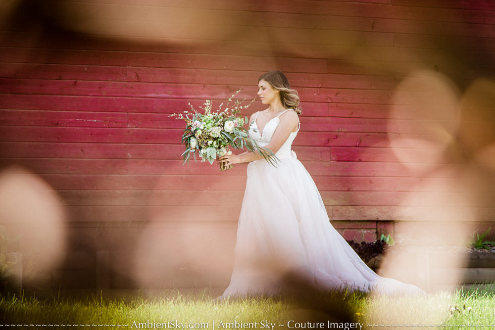 Oregon Wedding Bride with flowers at barn
