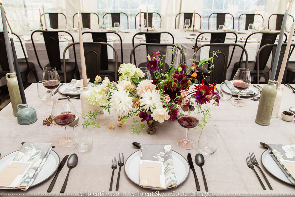 Allison Inn Chefs garden tent floral centerpiece and place setting